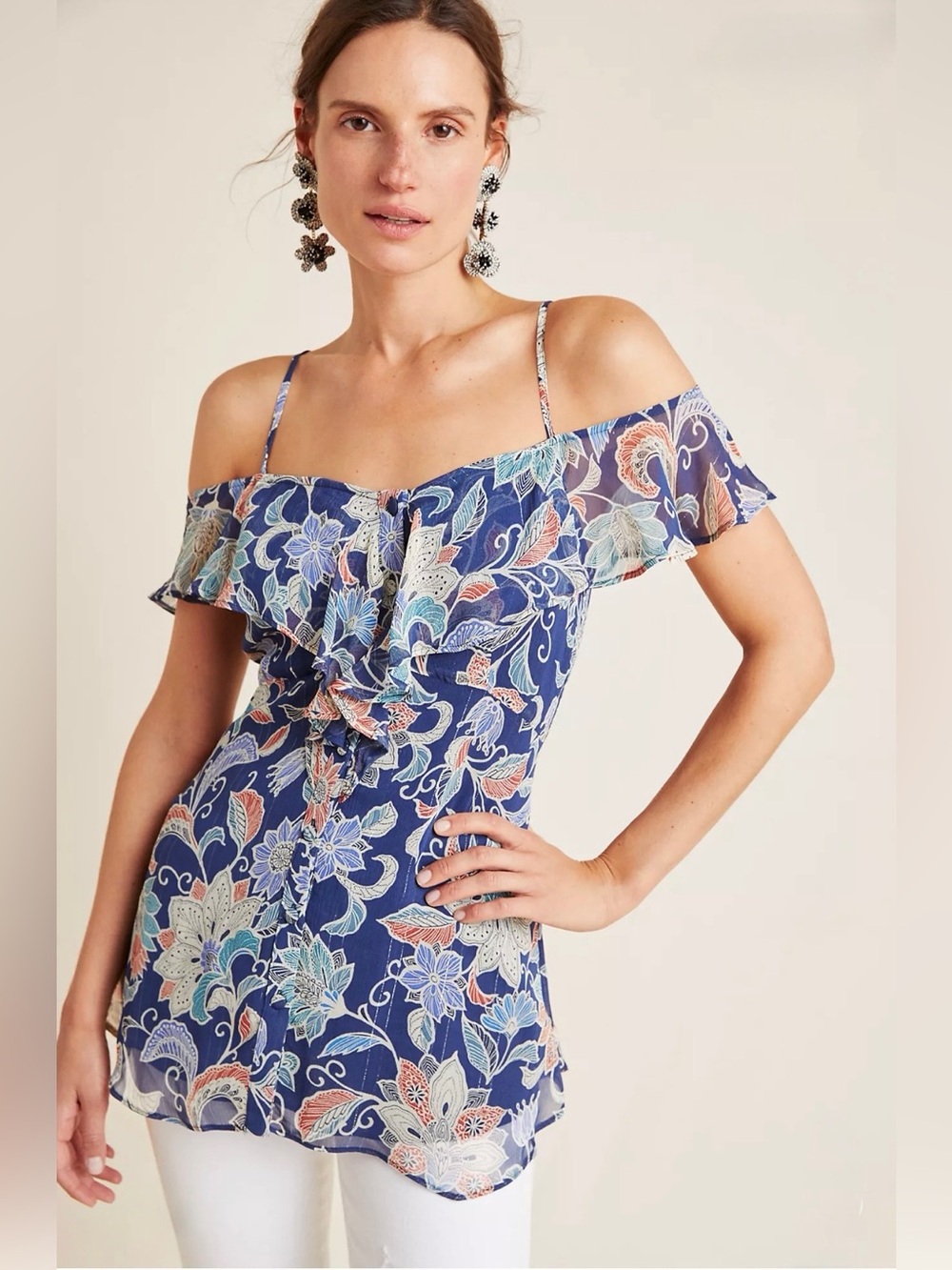 Maeve Mariposa Open Shoulder Ruffled Top Navy Silver Sparkle Floral Romantic